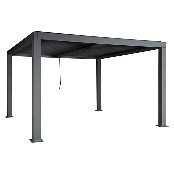 Pergola | HxBxT 220x400x300cm | Gartenpavillon Lamellen-Pavillon | Anthrazit | 11cm-Aluminium-Gestell | Regenrinne sturmfest -  - Dunkelgraue Metallpergola mit verstellbarem Lamellendach und Kurbel.