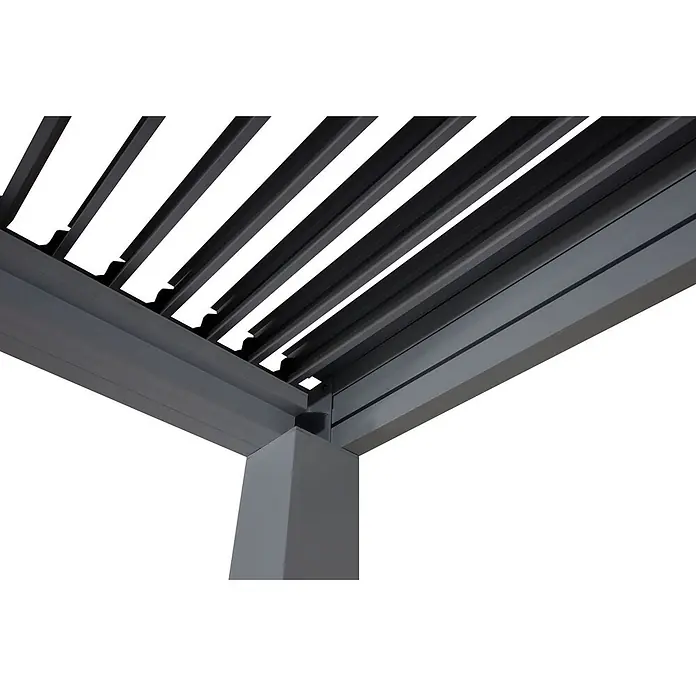 Pergola | HxBxT 220x400x300cm | Gartenpavillon Lamellen-Pavillon | Anthrazit | 11cm-Aluminium-Gestell | Regenrinne sturmfest -  - Graue Aluminium-Pergola-Ecke mit verstellbaren Lamellen, die strukturelle Details hervorhebt.
