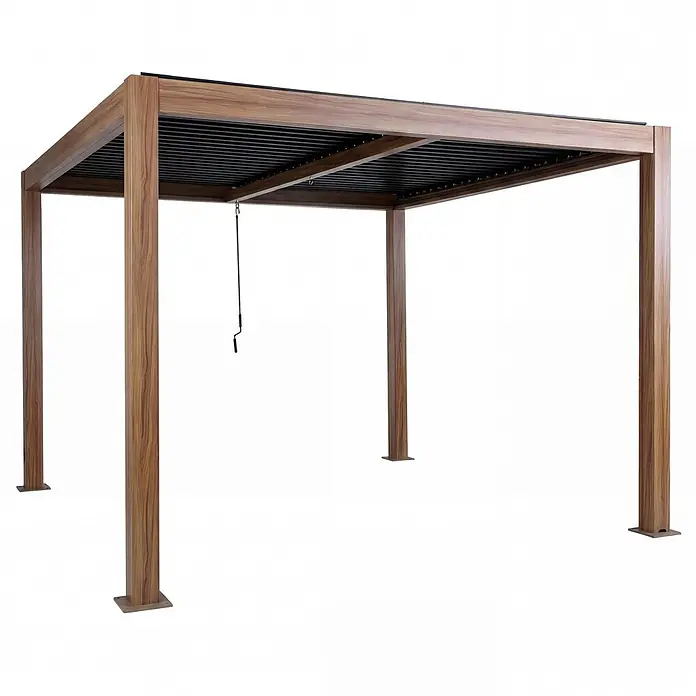Pergola | HxBxT 220x400x300cm | Gartenpavillon Lamellen-Pavillon | Holzoptik | 10cm-Aluminium-Gestell | Regenrinne sturmfest -  - Hölzerne Pergola mit verstellbarem schwarzem Lamellendach.