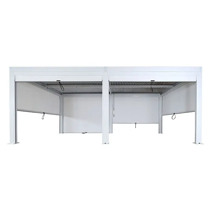 Berlinlodge Pergola mit Lamellendach - B x T: 600 x 300 cm, Farbe Gestell: Weiß, Metall - Weiße Aluminium-Pergola mit Lamellendach und ausziehbaren Textil-Seitenrollos für Schatten und Sichtschutz.