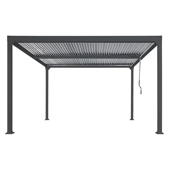Alu Pergola | HxBxT 224x370x300cm | Lamellen-Pavillon Terrassenüberdachung | Anthrazit | stabiles 8cm-Metall-Gestell -  - Dunkelgraue Aluminium-Pergola mit verstellbarem Lamellendach und einer Kurbel.