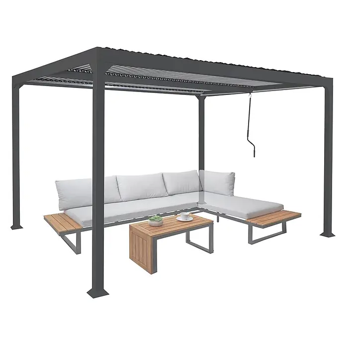 Alu Pergola | HxBxT 224x370x300cm | Lamellen-Pavillon Terrassenüberdachung | Anthrazit | stabiles 8cm-Metall-Gestell -  - Graue Metallpergola mit verstellbarem Lamellendach und L-förmigem Outdoor-Sofa mit hellgrauen Polstern und Holztischen.
