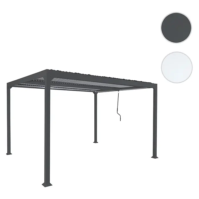 Alu Pergola | HxBxT 224x370x300cm | Lamellen-Pavillon Terrassenüberdachung | Anthrazit | stabiles 8cm-Metall-Gestell -  - Anthrazitfarbene Pergola mit verstellbarem Lamellendach und Kurbelmechanismus.