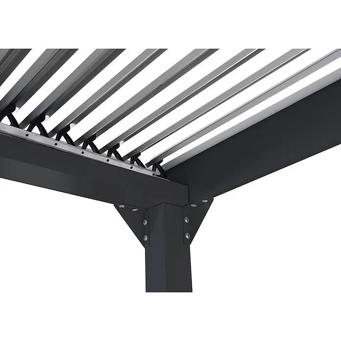 Alu Pergola | HxBxT 224x370x300cm | Lamellen-Pavillon Terrassenüberdachung | Anthrazit | stabiles 8cm-Metall-Gestell -  - Dunkelgraues Aluminium-Pergola-Gestell mit silbernen verstellbaren Lamellen, Eckverbindung sichtbar.