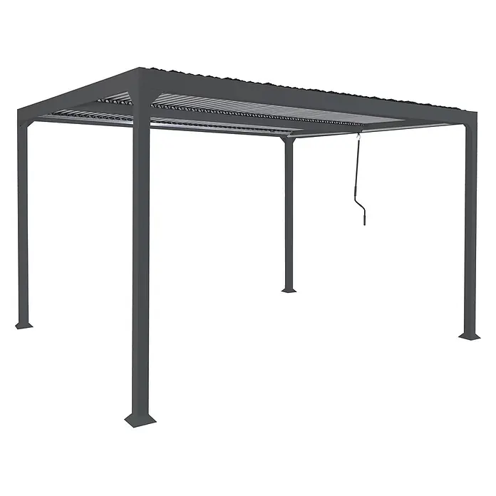 Alu Pergola | HxBxT 224x370x300cm | Lamellen-Pavillon Terrassenüberdachung | Anthrazit | stabiles 8cm-Metall-Gestell -  - Dunkelgraue Metallpergola mit verstellbarem Lamellendach, per Kurbel bedienbar.