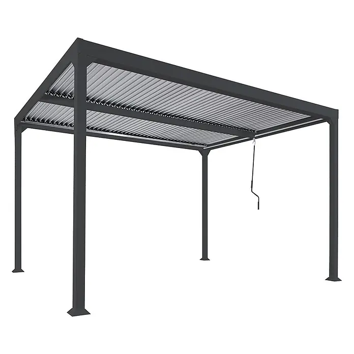 Alu Pergola | HxBxT 224x370x300cm | Lamellen-Pavillon Terrassenüberdachung | Anthrazit | stabiles 8cm-Metall-Gestell -  - Dunkelgraue Metallpergola mit verstellbarem Lamellendach und Kurbel für Sonnenschutz.