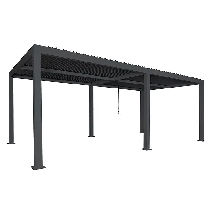 Pergola | HxBxT 220x600x300cm | Gartenpavillon Lamellen-Pavillon | Anthrazit | 10cm-Aluminium-Gestell | Regenrinne sturmfest -  - Dunkelgraue Metallpergola mit verstellbarem Lamellendach und Kurbel.