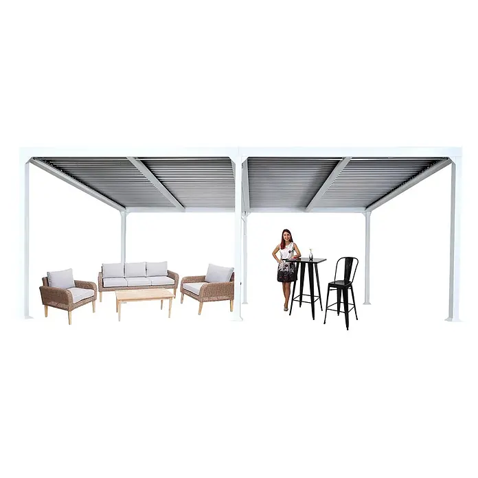 Berlinlodge Pergola mit Lamellendach - B x T: 600 x 300 cm, Farbe Gestell: Weiß, Metall - Weiße Lamellen-Pergola, die Outdoor-Lounge-Möbel und einen Barbereich mit einer Person überdacht.
