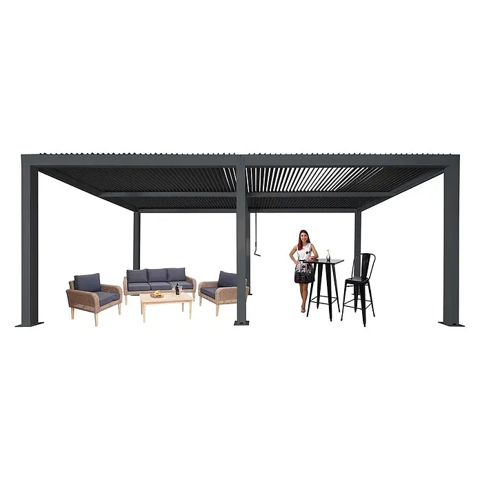 Pergola | HxBxT 220x600x300cm | Gartenpavillon Lamellen-Pavillon | Anthrazit | 10cm-Aluminium-Gestell | Regenrinne sturmfest -  - Dunkelgraue Aluminium-Pergola mit verstellbarem Lamellendach, überdachtem Sitz- und Barbereich.