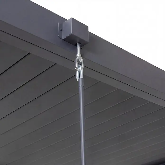 Pergola | HxBxT 235x300x300cm | Terrassenüberdachung | Anthrazit | Gartenpavillon Lamellen-Pavillon | 10cm-Aluminium-Gestell -  - Dunkelgraue Metallaufhängung für eine Pergola, mit einer Hängestange, die mit einem Karabinerhaken befestigt ist.
