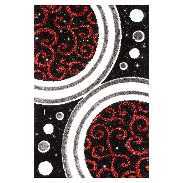Kayoom Wollteppich Ganges 610 - Schwarz/Grau, 150 x 80 cm, 100 % Wolle - Schwarzer Teppich mit roten Glitzerwirbeln, weißen und grauen Streifen und glitzernden Punkten.