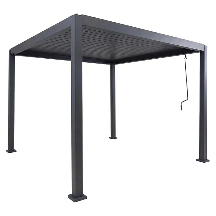 Pergola | HxBxT 235x300x300cm | Terrassenüberdachung | Anthrazit | Gartenpavillon Lamellen-Pavillon | 10cm-Aluminium-Gestell -  - Dunkelgraue Metall-Pergola mit verstellbarem Lamellendach und Kurbelmechanismus.