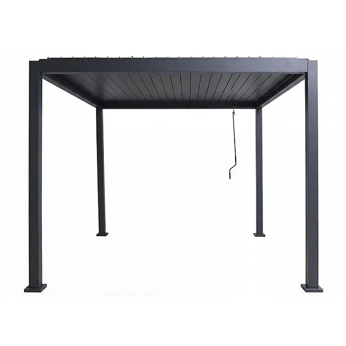Pergola | HxBxT 235x300x300cm | Terrassenüberdachung | Anthrazit | Gartenpavillon Lamellen-Pavillon | 10cm-Aluminium-Gestell -  - Dunkelgraue Metallpergola mit verstellbarem Lamellendach und Kurbel.