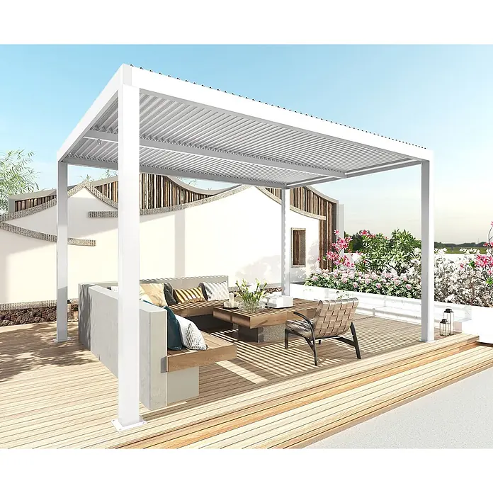 Pergola | HxBxT 220x300x300cm | Gartenpavillon Lamellen-Pavillon | Weiß | 11cm-Aluminium-Gestell | Regenrinne sturmfest -  - Weiße Metallpergola über einer Holzterrasse mit Sitzgelegenheiten, spendet Schatten für einen entspannenden Außenbereich.