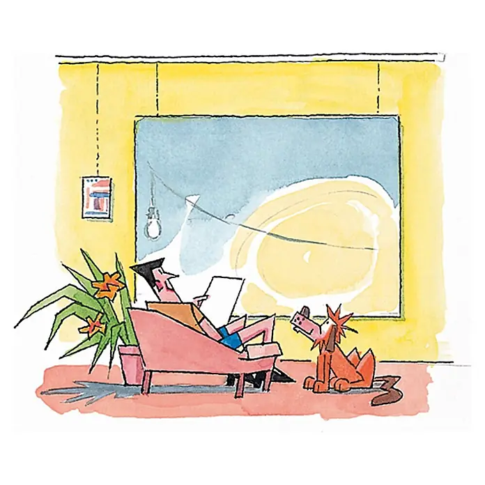 Galerieschiene - 1,5 m - Cartoonbild: Ein Mann entspannt im Sessel, liest und ein Hund sitzt daneben, ein Fenster im Hintergrund.