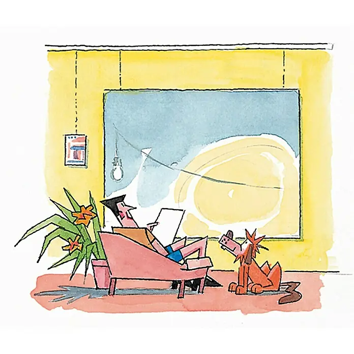 Galerieschiene - 1,5 m - Cartoonbild: Ein Mann entspannt im Sessel, liest und ein Hund sitzt daneben, ein Fenster im Hintergrund.
