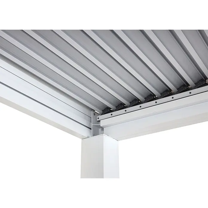 Pergola | HxBxT 220x300x300cm | Gartenpavillon Lamellen-Pavillon | Weiß | 11cm-Aluminium-Gestell | Regenrinne sturmfest -  - Detail eines weißen Metall-Lamellendachs für Pergolen mit verstellbaren Lamellen.