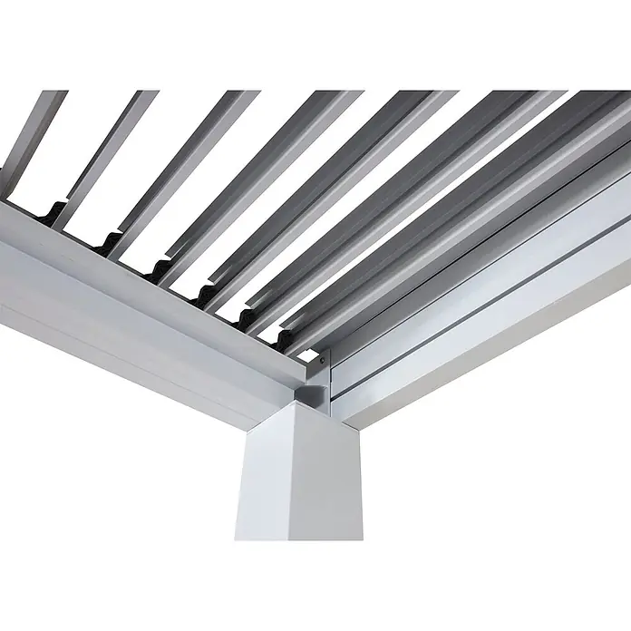 Pergola | HxBxT 220x300x300cm | Gartenpavillon Lamellen-Pavillon | Weiß | 11cm-Aluminium-Gestell | Regenrinne sturmfest -  - Weiße Aluminium-Pergola-Ecke mit verstellbaren grauen Lamellen oben.