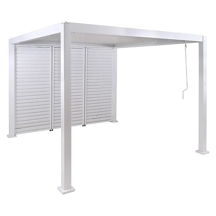 Berlinlodge Pergola mit Lamellendach - B x T: 300 x 300 cm, Farbe Gestell: Weiß, Metall - Weiße Metallpergola mit verstellbaren Lamellenwänden und Handkurbel für Sonnen- und Sichtschutz.