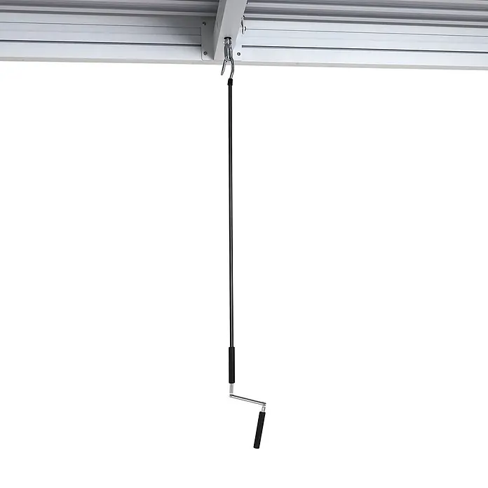 Pergola | HxBxT 220x300x300cm | Gartenpavillon Lamellen-Pavillon | Weiß | 11cm-Aluminium-Gestell | Regenrinne sturmfest -  - Schwarze und silberne Handkurbel, befestigt an einem Decken-Schienensystem, zur Bedienung von Rollos/Markisen.