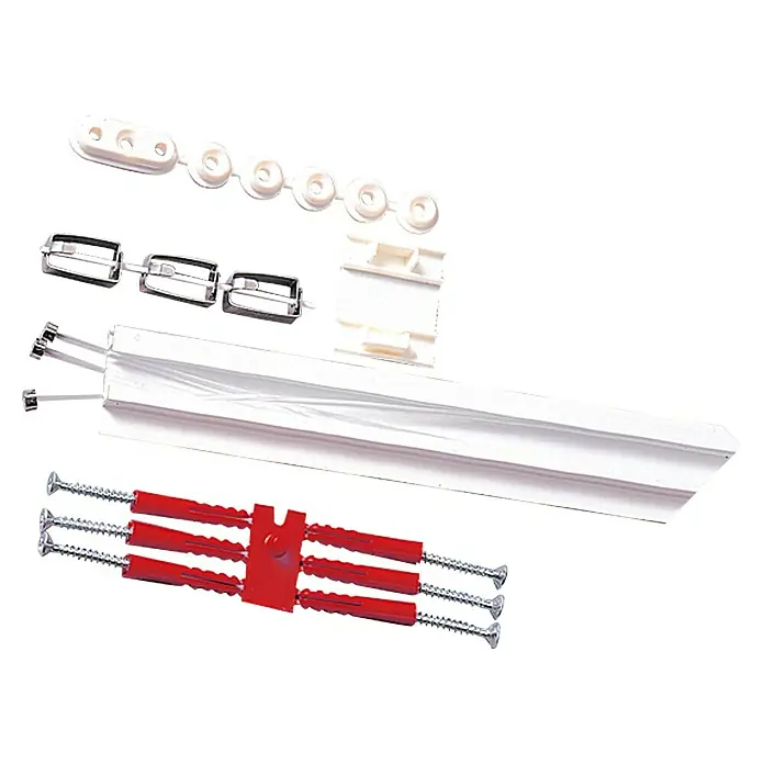 Galerieschiene - 1,5 m - Ein Set von weißen Vorhangschienen mit Zubehör, einschließlich Befestigungen, Schrauben und Träger. Ideal für die Montage von Vorhängen.