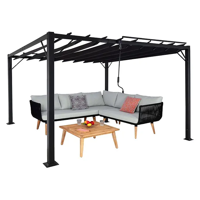 Pergola | HxBxT 213x300x300cm | Garten Lamellen-Pavillon Terrassenüberdachung | Anthrazit | 8cm-Alu-Gestell Stoff/Textil -  - Schwarze Metallpergola mit ausziehbarem Stoffdach über einem grauen L-förmigen Outdoor-Sofa und einem Holztisch.