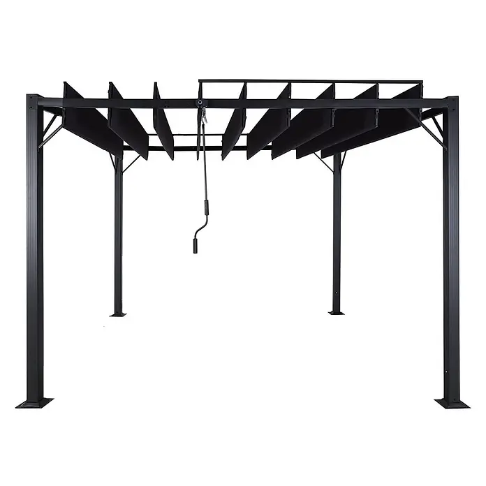 Pergola | HxBxT 213x300x300cm | Garten Lamellen-Pavillon Terrassenüberdachung | Anthrazit | 8cm-Alu-Gestell Stoff/Textil -  - Schwarze Metall-Pergola mit verstellbarem Lamellendach aus Stoff und Handkurbel.