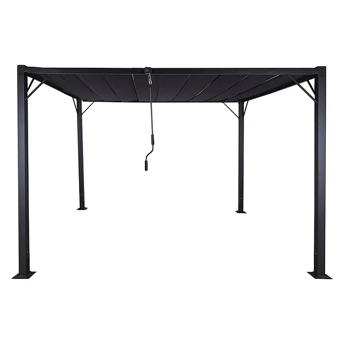 Pergola | HxBxT 213x300x300cm | Garten Lamellen-Pavillon Terrassenüberdachung | Anthrazit | 8cm-Alu-Gestell Stoff/Textil -  - Schwarze Metall-Pergola mit ausziehbarer schwarzer Stoffüberdachung und Kurbelmechanismus.