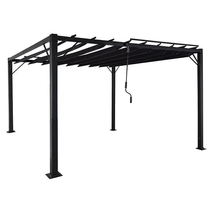Pergola | HxBxT 213x300x300cm | Garten Lamellen-Pavillon Terrassenüberdachung | Anthrazit | 8cm-Alu-Gestell Stoff/Textil -  - Schwarze Metallpergola mit verstellbarem, einziehbarem Stoffdach, bedienbar mit einer Kurbel.
