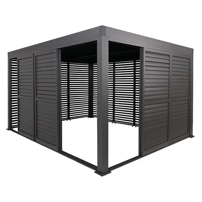 Alu Pergola | HxBxT 220x400x300cm | 7x Lamellenpaneel 7x Schiebetüren | 11cm-Gestell | Anthrazit | Pavillon Terrassenüberdachung -  - Dunkelgraue Metall-Pergola mit verstellbaren Lamellenwänden.