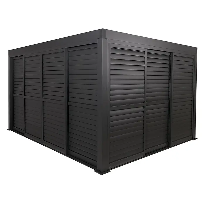 Alu Pergola | HxBxT 220x400x300cm | 7x Lamellenpaneel 7x Schiebetüren | 11cm-Gestell | Anthrazit | Pavillon Terrassenüberdachung -  - Dunkelgraues Aluminium-Sichtschutzgehege mit Lamellen-Schiebewänden.