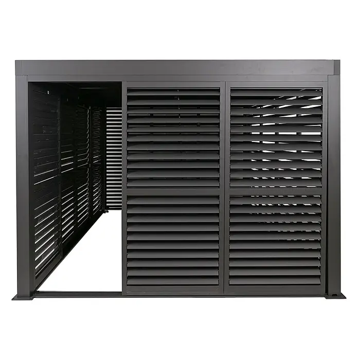 Alu Pergola | HxBxT 220x400x300cm | 7x Lamellenpaneel 7x Schiebetüren | 11cm-Gestell | Anthrazit | Pavillon Terrassenüberdachung -  - Dunkelgraue Lamellen-Außenstruktur mit Schiebeelementen für verstellbaren Sicht- und Sonnenschutz.