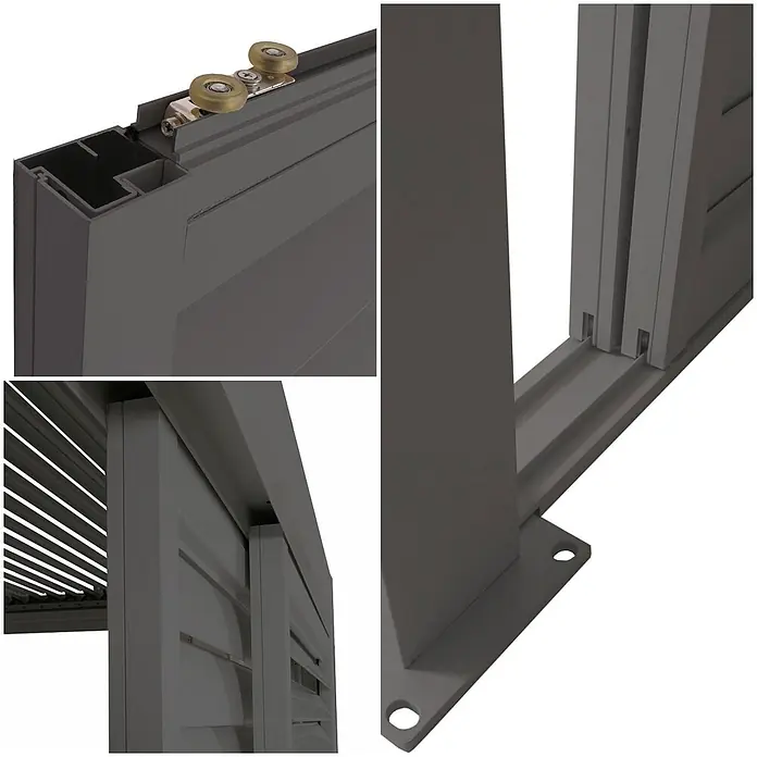 Alu Pergola | HxBxT 220x400x300cm | 7x Lamellenpaneel 7x Schiebetüren | 11cm-Gestell | Anthrazit | Pavillon Terrassenüberdachung -  - Graue Metallkomponenten eines modularen Schiebesystems mit Rollen, Führungsschienen und Bodenplatte.
