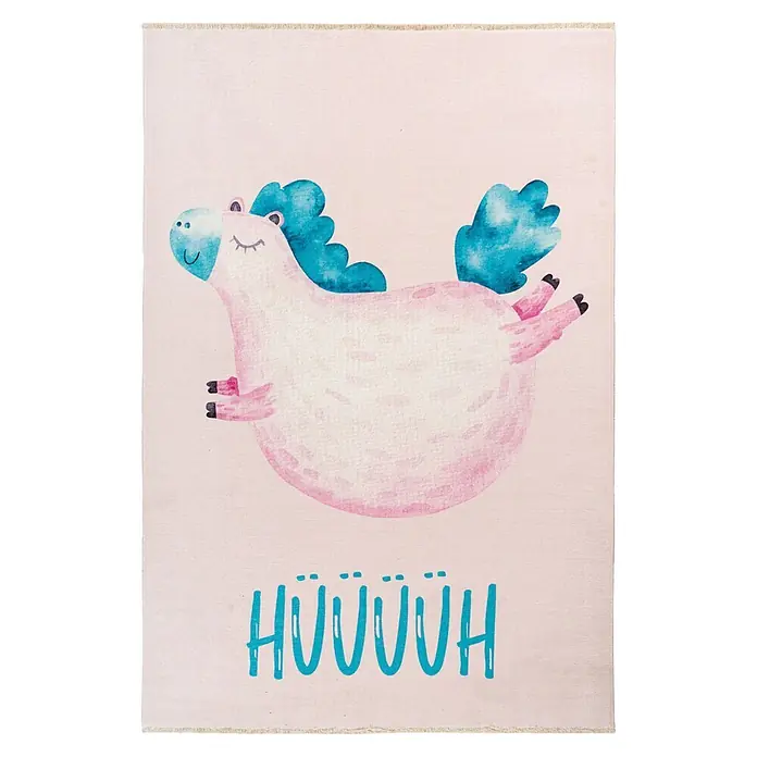 Kayoom Kinderteppich Joanna 625 - Multi, 170 x 115 cm, 70 % Baumwolle, 30 % Polyester - Kinderteppich mit rosa Aquarell-Pegasus-Illustration und blauem "HÜÜÜÜÜH"-Text.