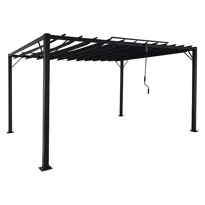 Pergola | HxBxT 213x400x300cm | Garten Lamellen-Pavillon Terrassenüberdachung | Anthrazit | 8cm-Alu-Gestell Stoff/Textil -  - Schwarze Metall-Pergola mit verstellbaren Lamellendach-Latten, bedienbar mit einer Kurbel, für vielseitigen Sonnenschutz im Freien.