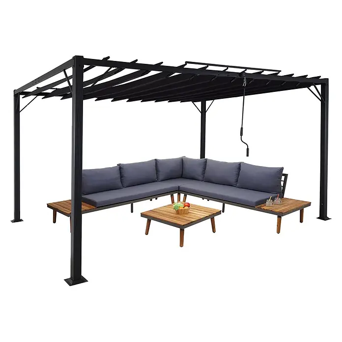 Pergola | HxBxT 213x400x300cm | Garten Lamellen-Pavillon Terrassenüberdachung | Anthrazit | 8cm-Alu-Gestell Stoff/Textil -  - Schwarzmetall-Pergola mit ausziehbarer grauer Überdachung, L-Sofa mit grauen Kissen und Holztischen für den Außenbereich.