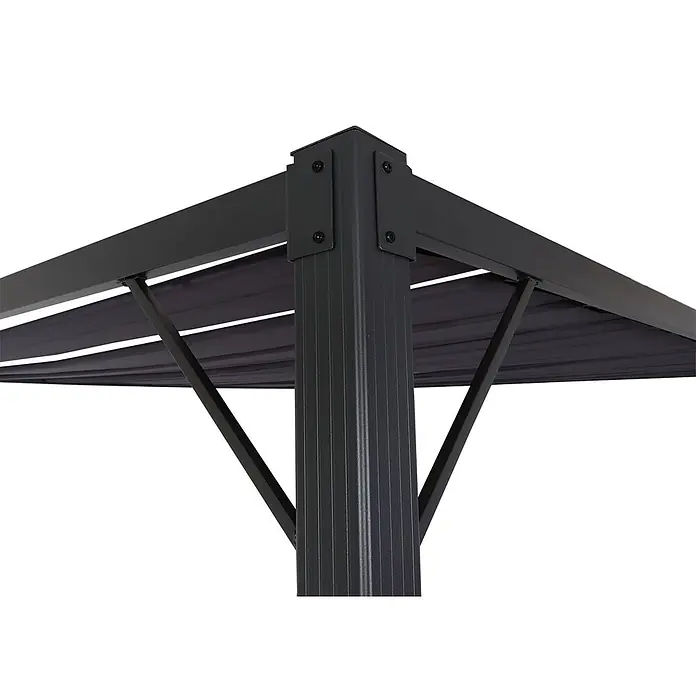 Pergola | HxBxT 213x300x300cm | Garten Lamellen-Pavillon Terrassenüberdachung | Anthrazit | 8cm-Alu-Gestell Stoff/Textil -  - Nahaufnahme einer dunkelgrauen Metall-Pergola-Ecke mit Stützbalken und einer einziehbaren dunklen Stoffmarkise.