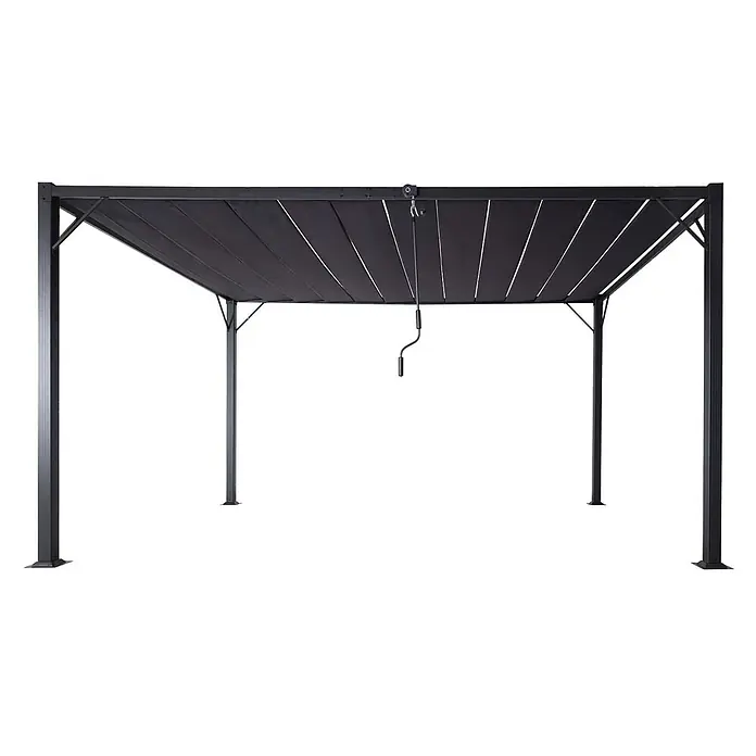 Pergola | HxBxT 213x400x300cm | Garten Lamellen-Pavillon Terrassenüberdachung | Anthrazit | 8cm-Alu-Gestell Stoff/Textil -  - Dunkelgraue Metallpergola mit ausziehbarem Stoffdach, bedienbar mit einer Handkurbel.
