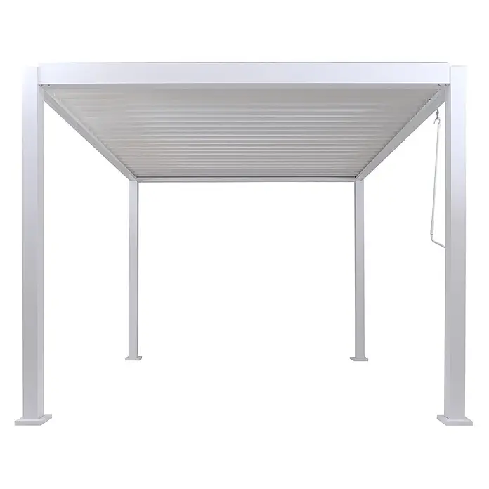 Berlinlodge Pergola mit Lamellendach - B x T: 300 x 300 cm, Farbe Gestell: Weiß, Metall - Weiße Aluminium-Pergola mit verstellbarem Lamellendach und Kurbelmechanismus.