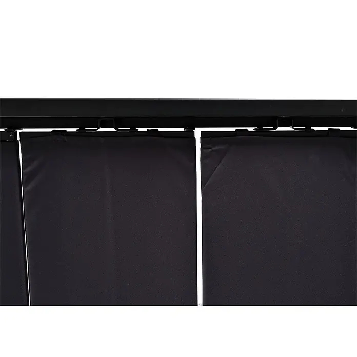 Pergola | HxBxT 213x300x300cm | Garten Lamellen-Pavillon Terrassenüberdachung | Anthrazit | 8cm-Alu-Gestell Stoff/Textil -  - Dunkle Stoff-Sichtschutzwände hängen an einer schwarzen Metallschiene.