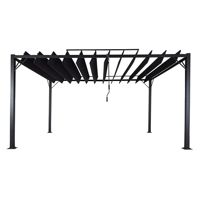 Pergola | HxBxT 213x400x300cm | Garten Lamellen-Pavillon Terrassenüberdachung | Anthrazit | 8cm-Alu-Gestell Stoff/Textil -  - Schwarze Metallpergola mit verstellbaren Lamellendach, manuell kurbelbar, für anpassbaren Schatten.