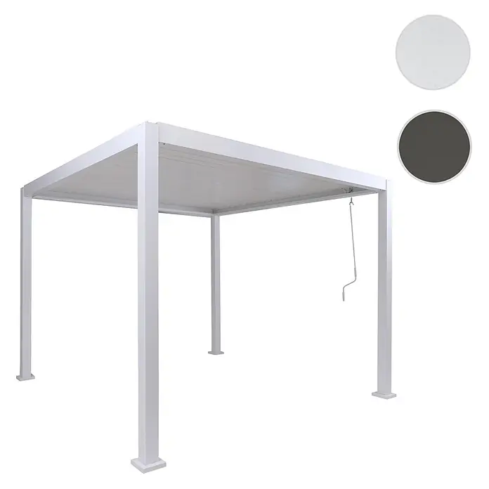 Berlinlodge Pergola mit Lamellendach - B x T: 300 x 300 cm, Farbe Gestell: Weiß, Metall - Weiße Pergola mit ausziehbarem Dach, bedienbar per Kurbel, mit Farbmustern für Dach in Weiß und Dunkelgrau.