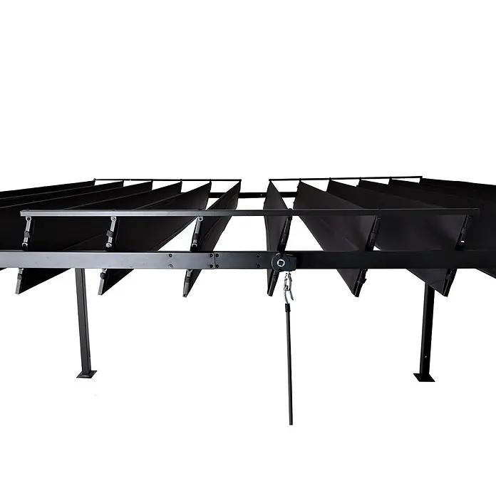 Pergola | HxBxT 213x300x300cm | Garten Lamellen-Pavillon Terrassenüberdachung | Anthrazit | 8cm-Alu-Gestell Stoff/Textil -  - Schwarze Metallpergola mit verstellbarem Lamellendach aus schwarzem Stoff. Mit Kurbelmechanismus zur Lamellenverstellung.