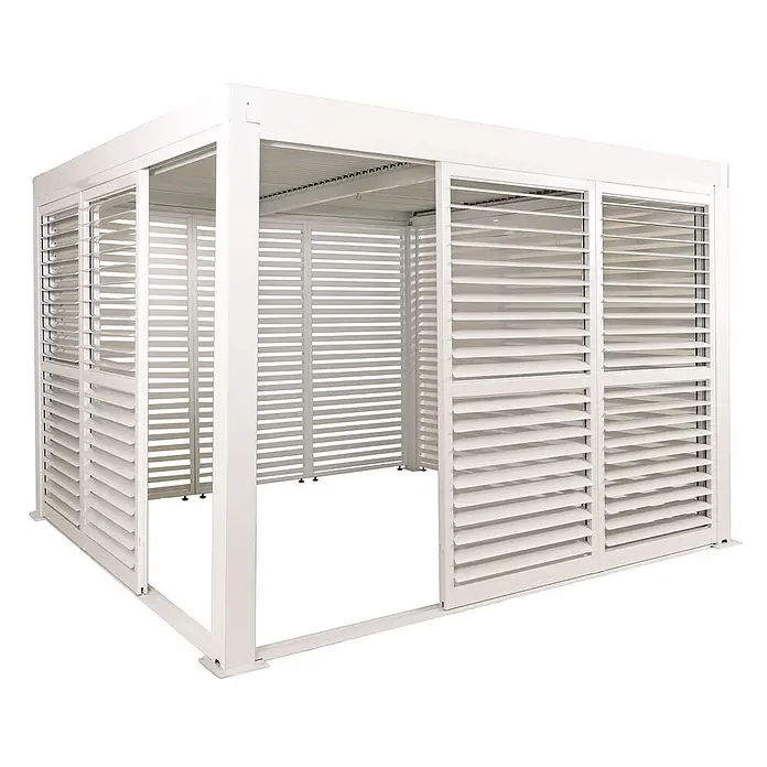 Berlinlodge Pergola mit Lamellendach - B x T: 300 x 300 cm, Farbe Gestell: Weiß, Metall - Weiße Aluminium-Pergola mit verschiebbaren Lamellenwänden für Schatten und Sichtschutz im Außenbereich.