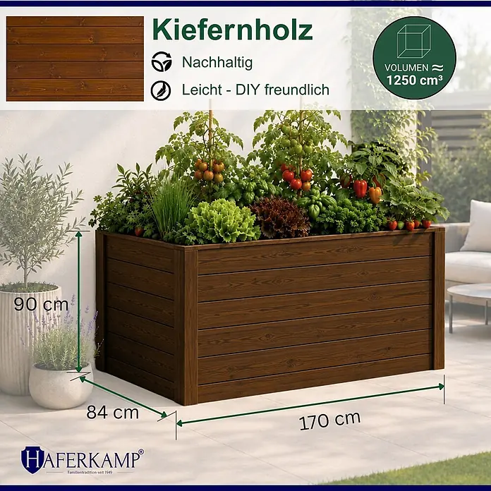 Haferkamp Hochbeet - 84 x 170 x 90 cm, Holz, Braun