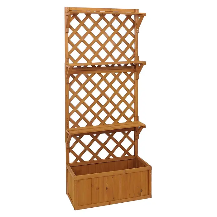 Hochbeet | HxBxT 177x77x33cm | Pflanz-/Blumenkasten | Natur | Pflanzkübel Rankgitter Spalier Ablagefläche Holz FSC® -  - Holzkübel mit Spalier und zwei Ablagen, hellbraun.