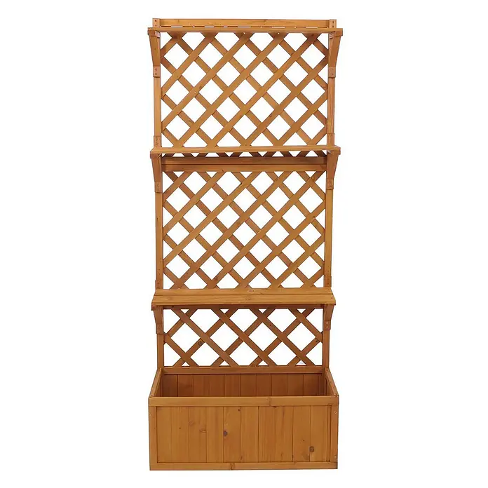 Hochbeet | HxBxT 177x77x33cm | Pflanz-/Blumenkasten | Natur | Pflanzkübel Rankgitter Spalier Ablagefläche Holz FSC® -  - Brauner hölzerner Blumenkasten mit einem dekorativen dreistufigen Spalier.