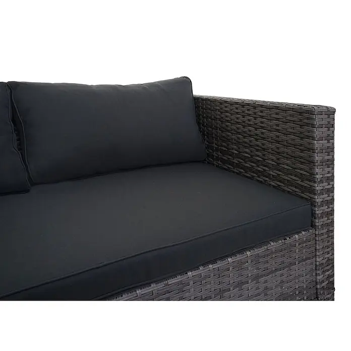 Poly-Rattan Garnitur | Balkon-/Garten-/Lounge-Set Sofa Sitzgruppe | Grau | Kissen Dunkelgrau ohne Dekokissen -  - Dunkelgraues Geflecht-Loungesofa mit dicken schwarzen Sitz- und Rückenkissen.