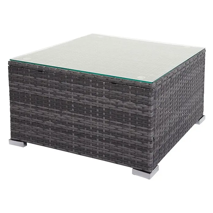 Poly-Rattan Garnitur | Balkon-/Garten-/Lounge-Set Sofa Sitzgruppe | Grau | Kissen Dunkelgrau mit Dekokissen -  - Quadratischer grauer Rattan-Couchtisch für draußen mit Glasplatte und silberfarbenen Füßen.