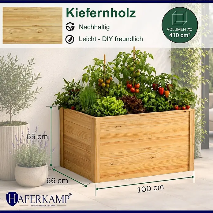 HAFERKAMP Hochbeet HARZ aus Holz & Schutzfolie HxBxT 65x100x66 cm Außenbereich Natur Holz Hochbeet zum Bepflanzen von Gemüse & Kräuter -  - Hochbeet aus Kiefernholz (100x66x65 cm), bepflanzt. Nachhaltig und DIY-freundlich.